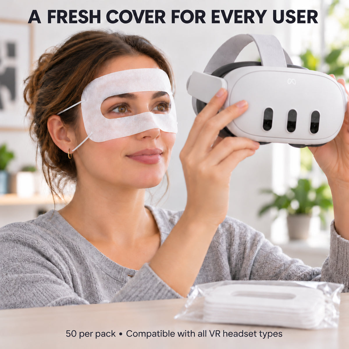 Adult wearing a Knoxlabs disposable VR face cover while preparing to put on a Meta Quest 3 headset; 50 covers per pack, compatible with all VR headset types.