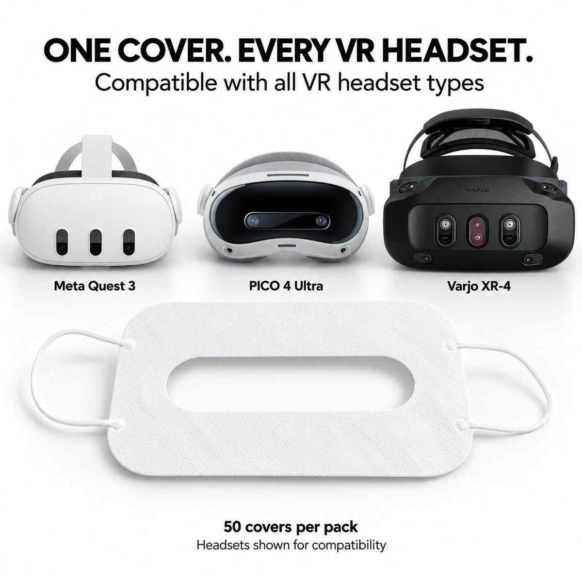 Knoxlabs disposable VR face cover shown with Meta Quest 3, PICO 4 Ultra, and Varjo XR-4 headsets; 50 covers per pack, compatible with all VR headset types. Headsets shown for compatibility.