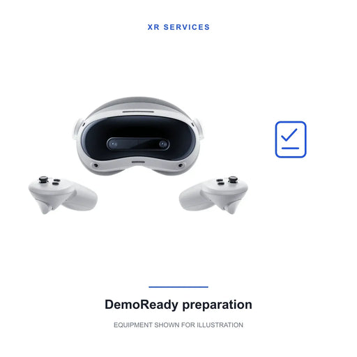 DemoReady preparation service; original product imagery of PICO 4 Ultra and original ring-free controllers. Equipment is not included; scope and compatibility are confirmed separately.