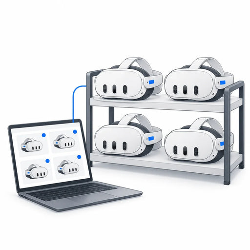 Illustration of four headsets on an equipment shelf alongside a console showing four device tiles.