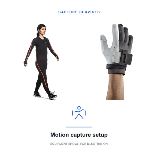 Motion capture setup service; original product imagery of Xsens Link suit original product photograph and MANUS Metagloves Pro. Equipment is not included; scope and compatibility are confirmed separately.