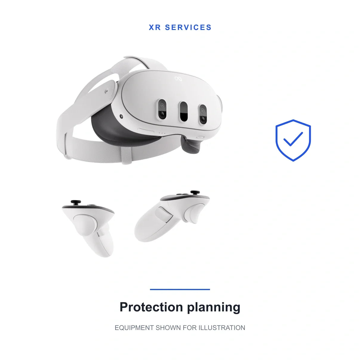 Protection planning service; original product imagery of Meta Quest 3 and original Touch Plus controllers. Equipment is not included; scope and compatibility are confirmed separately.
