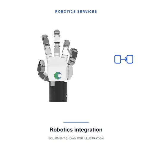 Robotics integration service; original product imagery of TESOLLO DG-5F-M five-finger robotic hand. Equipment is not included; scope and compatibility are confirmed separately.