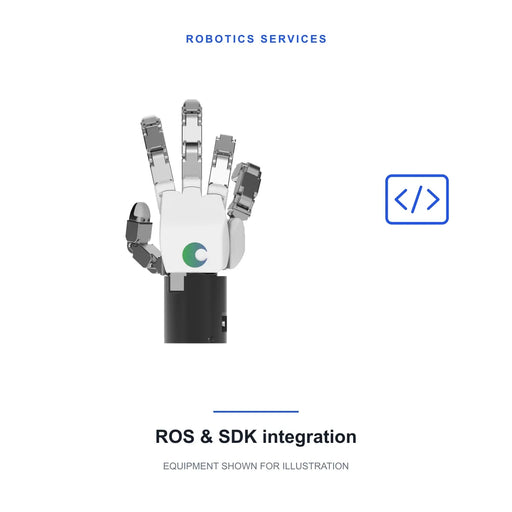 ROS & SDK integration service; original product imagery of TESOLLO DG-5F-M five-finger robotic hand. Equipment is not included; scope and compatibility are confirmed separately.