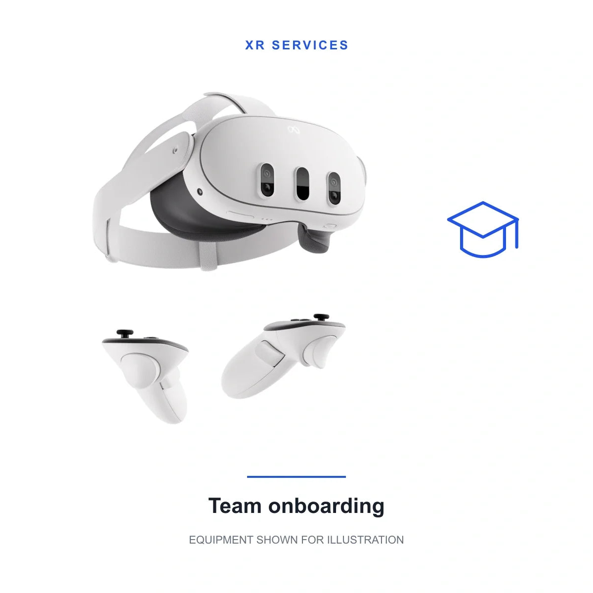 Team onboarding service; original product imagery of Meta Quest 3 and original Touch Plus controllers. Equipment is not included; scope and compatibility are confirmed separately.