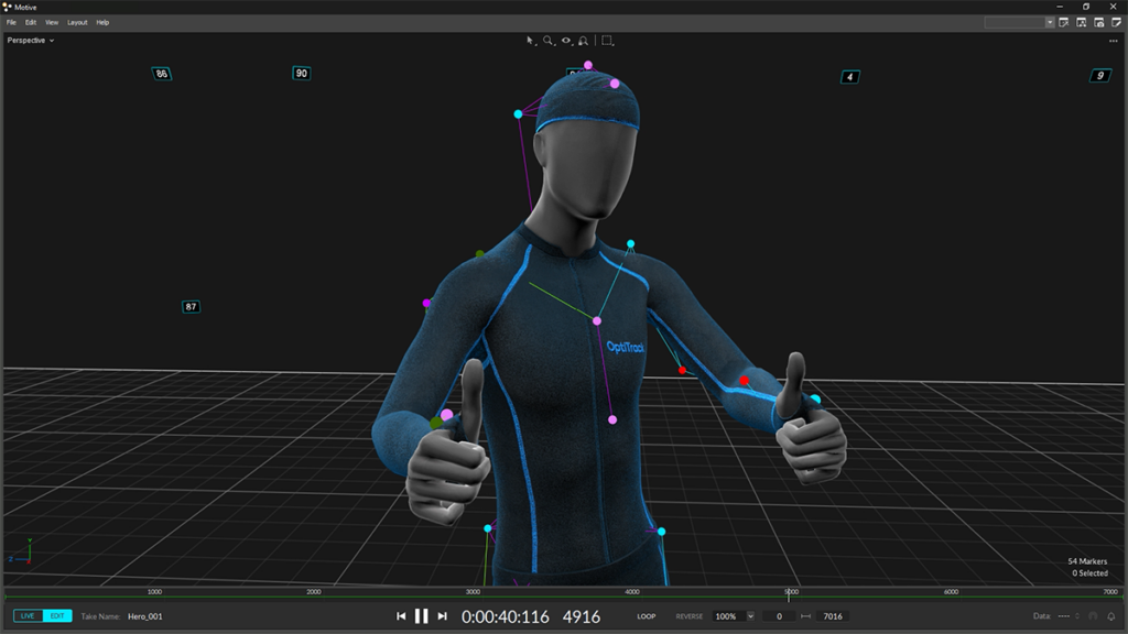 Motion-capture software dashboard visualizing tracked hands and body data