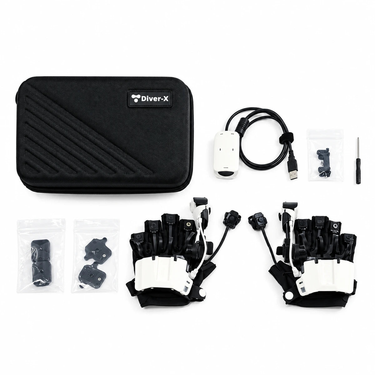 Manufacturer brochure package illustration with gloves, carry case and accessories on white