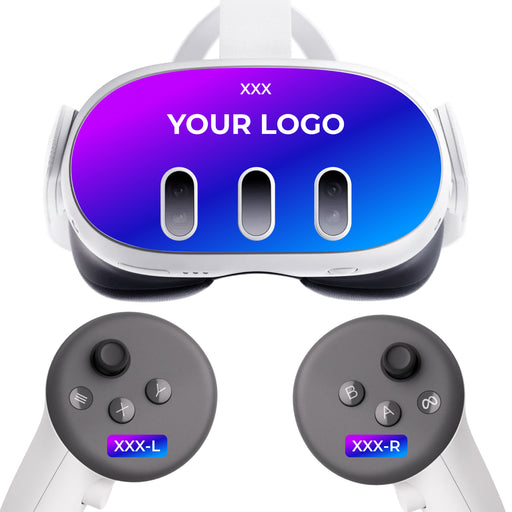 Meta Quest 3 Faceplate branding and asset-tagging mockup; headset and controllers shown for illustration, hardware excluded