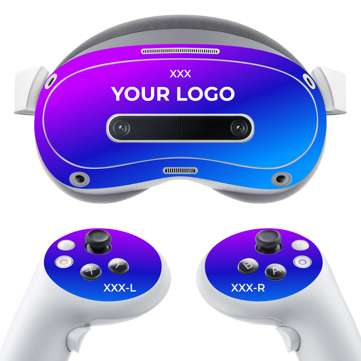 PICO 4 Ultra 360° Wrap branding and asset-tagging mockup; headset and controllers shown for illustration, hardware excluded