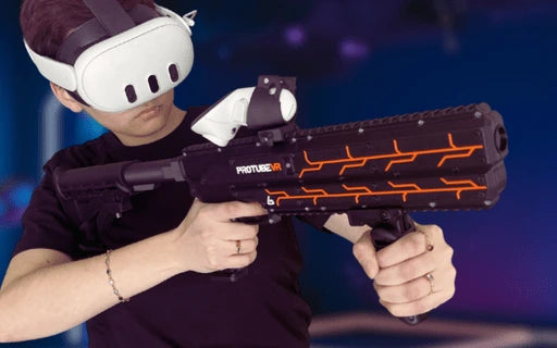 VR player using a ProTubeVR ProBolter Elite Heavy tactical rifle