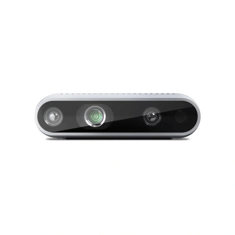 RealSense D435i depth camera on a white background