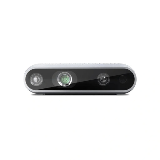 RealSense D435i depth camera on a white background