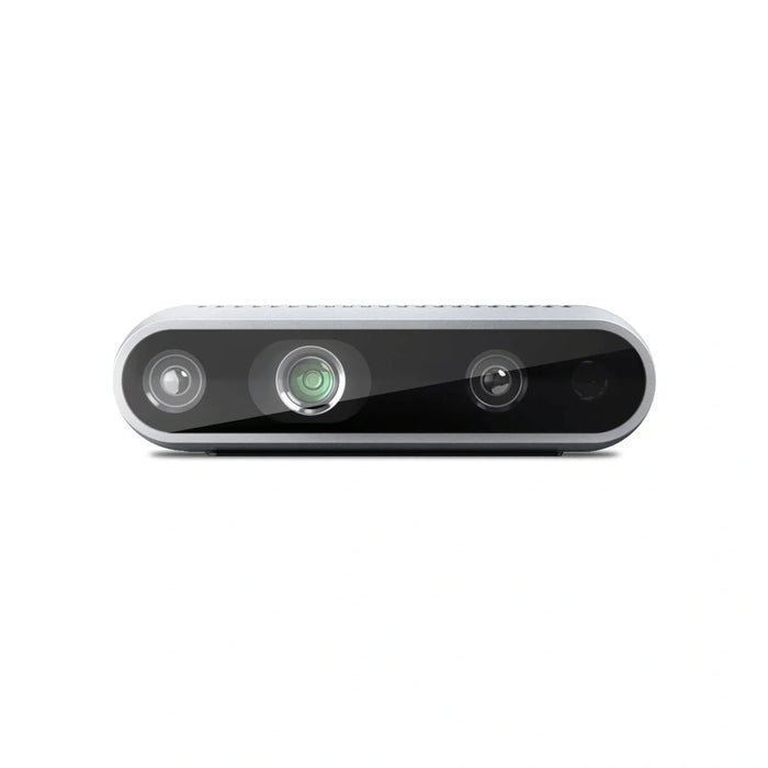 RealSense D435i depth camera on a white background