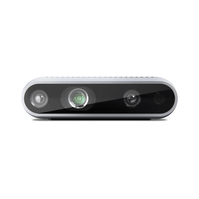 RealSense D435i depth camera on a white background