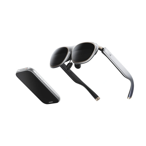 Rokid AR Spatial glasses and companion device in silver on pure white