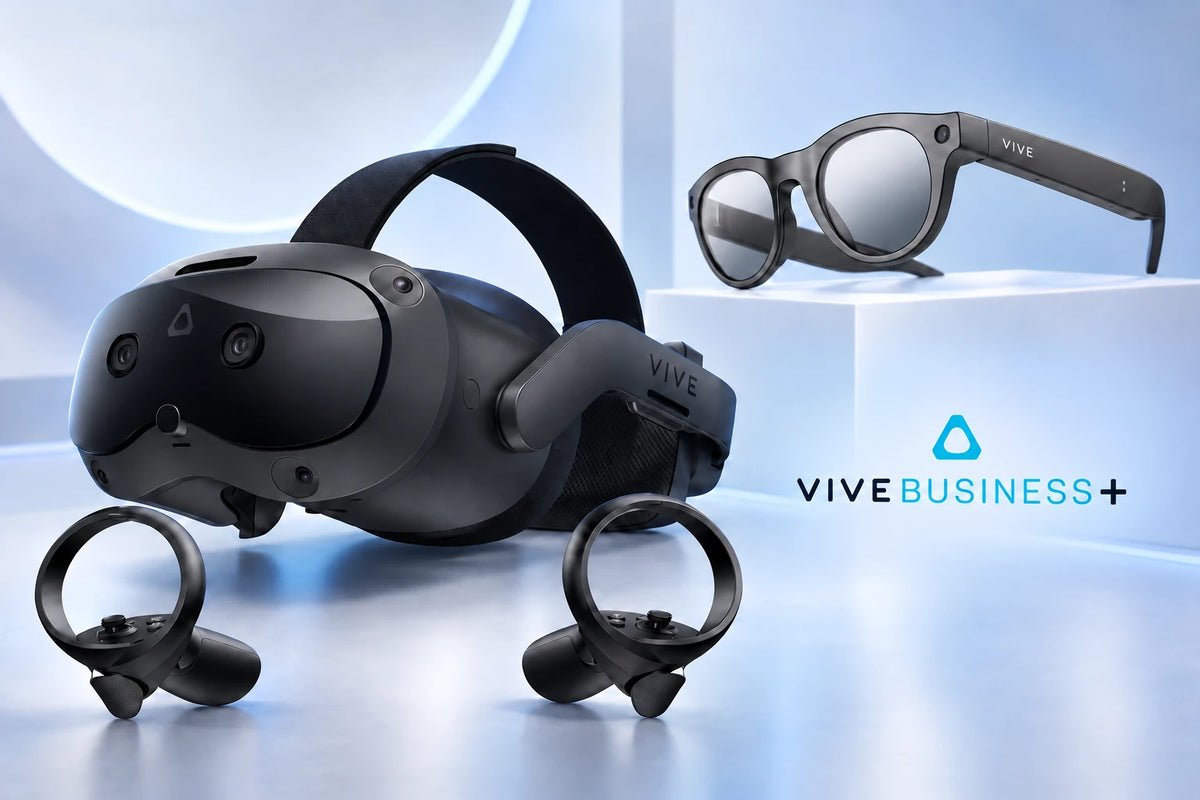 VIVE Focus Vision headset, VIVE Eagle AI glasses, and VIVE Business+ logo