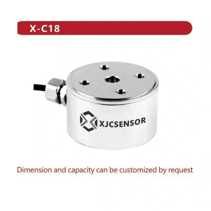 XJCSENSOR X-C18 Compression Load Cell, Ø41 mm, 5 kg–5 t, 0.05% class — official XJCSENSOR brochure image on white background