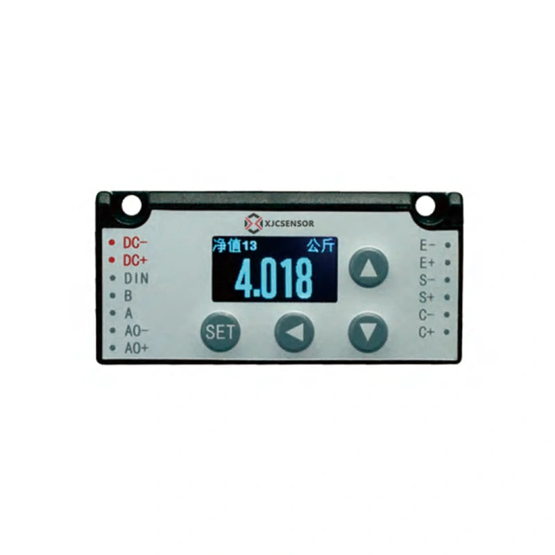 XJCSENSOR X-F100 Compact LCD Transmitter, 65 × 30 mm, RS232/RS485/analog — official XJCSENSOR brochure image on white background