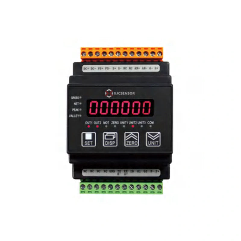 XJCSENSOR X-F60 DIN-Rail Indicator / Transmitter, RS232/RS485/analog — official XJCSENSOR brochure image on white background