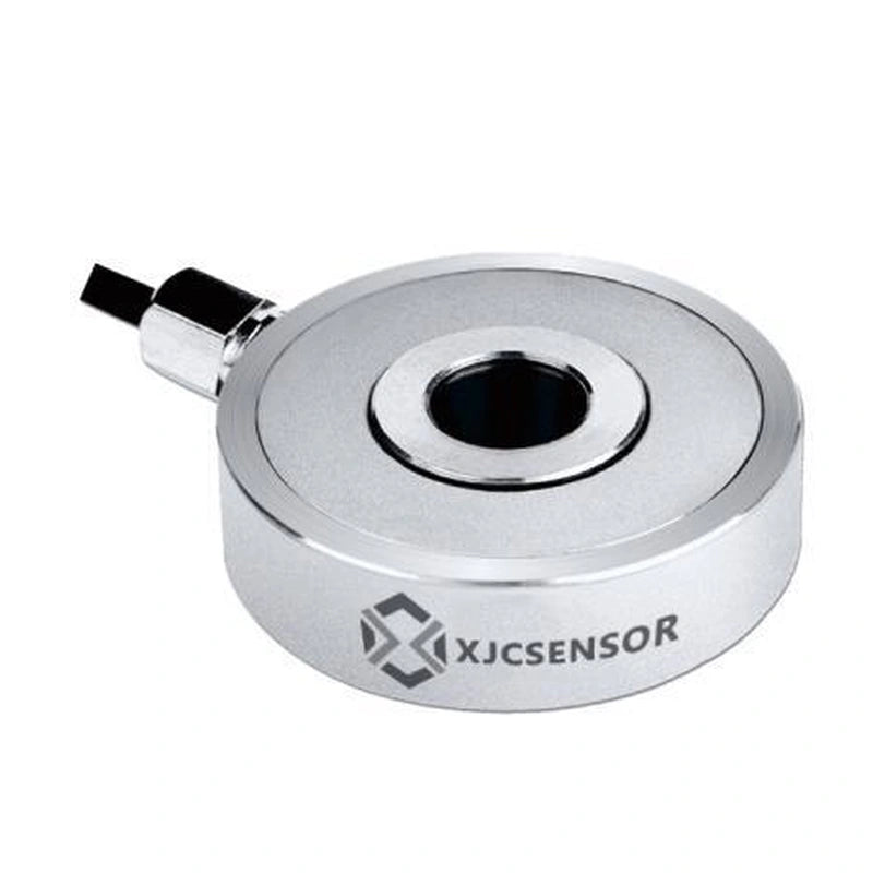 XJCSENSOR X-H25 Through-Hole Load Cell, Ø25 mm, Ø6.6 bore, 5–100 kg — official XJCSENSOR brochure image on white background