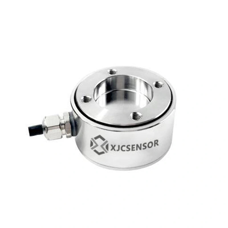 XJCSENSOR X-H45 Through-Hole Load Cell, Ø45 mm, Ø26 bore, 50–100 kg — official XJCSENSOR brochure image on white background