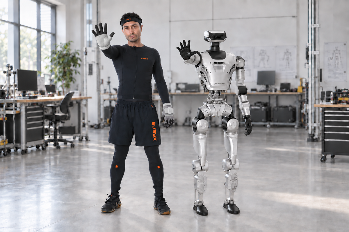 Visual concept of an Xsens Link operator wearing MANUS MetaGloves beside a LimX Oli humanoid robot
